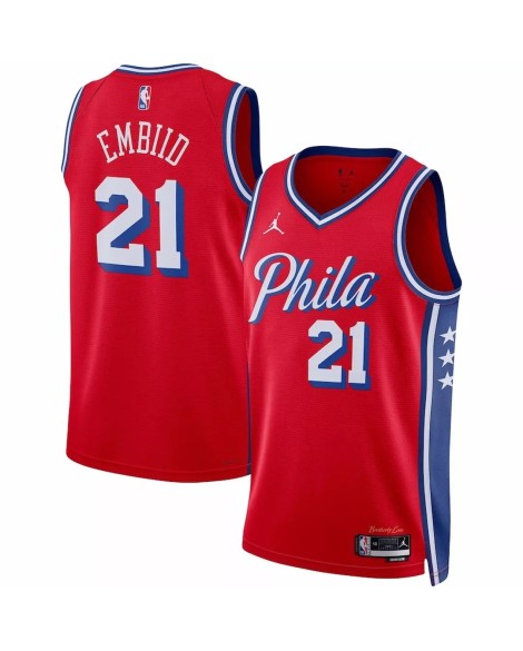 Herren Philadelphia 76ers Joel Embiid Jordan Brand Red Swingman 2022/23 Jersey mit Disclaimer Edition