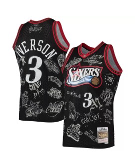 Allen Iverson Herren Philadelphia 76ers No. 3 M&N Swingman Jersey, schwarz, 1997-98, Hartholz klassisches Tattoo Swingman