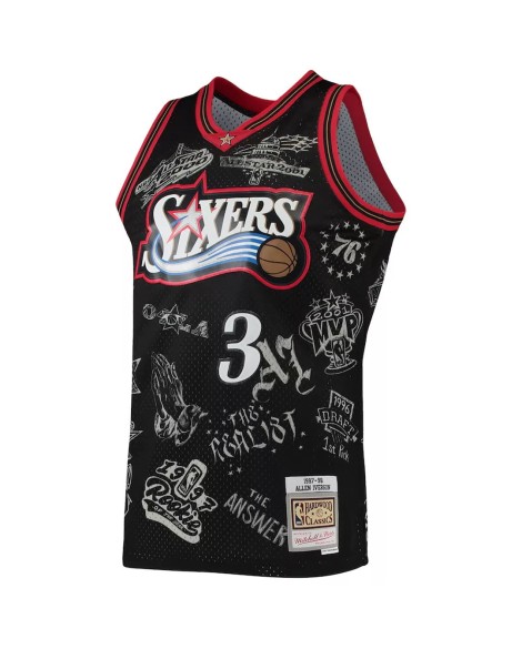 Allen Iverson Herren Philadelphia 76ers No. 3 M&N Swingman Jersey, schwarz, 1997-98, Hartholz klassisches Tattoo Swingman