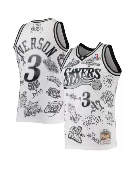 Allen Iverson Philadelphia 76ers No. 3 M&N Weiß 1997-98 Herren Swingman Tattoo Jersey