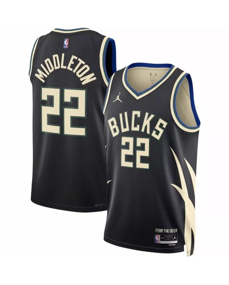 Herren Swingman Milwaukee Bucks Khris Middleton No. 22 Jordan Brand Schwarz 2022/23 Jersey mit Disclaimer Edition