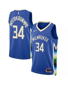 Herren Nike Blue 2022/23 Milwaukee Bucks Giannis Antetokounmpo No. 34 Swingman Trikot mit City Edition