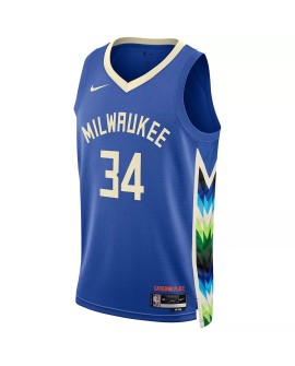 Herren Nike Blue 2022/23 Milwaukee Bucks Giannis Antetokounmpo No. 34 Swingman Trikot mit City Edition