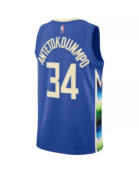 Herren Nike Blue 2022/23 Milwaukee Bucks Giannis Antetokounmpo No. 34 Swingman Trikot mit City Edition