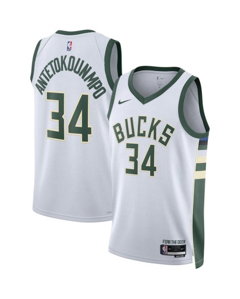 Herren Nike Weiß 2022/23 Milwaukee Bucks Giannis Antetokounmpo No. 34 Swingman Trikot mit Association Edition